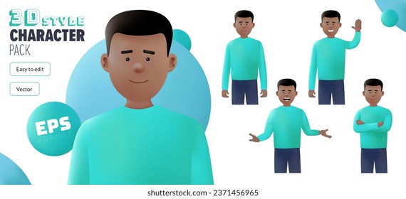 Editable 3D EPS male black vector character in a set of multiple poses. Fully editable and isolated on a white background. Modern trendy style 3D character pack. Created with the mesh tool 3D effect.