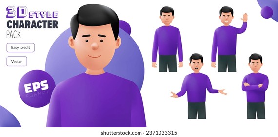 Editable 3D EPS male vector character in a set of multiple poses. Fully editable and isolated on a white background. Modern trendy style 3D character pack. Created with the mesh tool 3D effect.