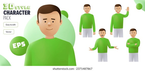 Editable 3D EPS male vector character in a set of multiple poses. Fully editable and isolated on a white background. Modern trendy style 3D character pack. Created with the mesh tool 3D effect.