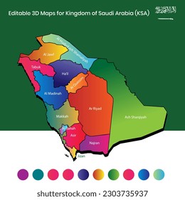 Editable 3D Gradient Maps for Kingdom of Saudi Arabia (KSA) Saudi Arabia. Online high resolution (eps vector) Saudi Arabia blank map green colored, black-white, 3D shadow effect 