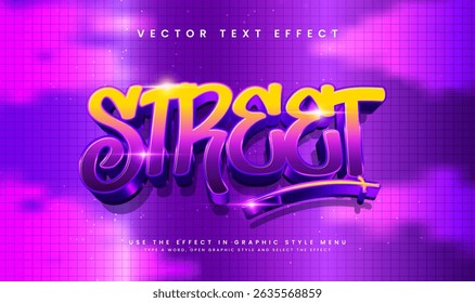 Editable 3D street style text effect.  Purple and yellow graffiti lettering.  Vector file.