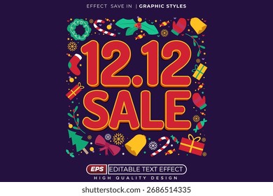 Editable 3d text effect 12.12 sale with christmas decorative background