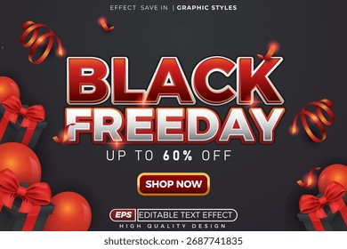 Efeito de texto 3d editável sexta-feira preta com caixa de presente e confete para design de modelo de banner e cartaz
