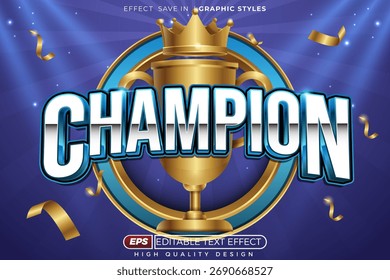 Campeão de efeito de texto 3d editável com troféu e coroa para modelo de banner esportivo