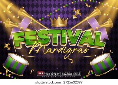 Editável efeito de texto 3d festival mardi gras com trompete para banner evento sazonal
