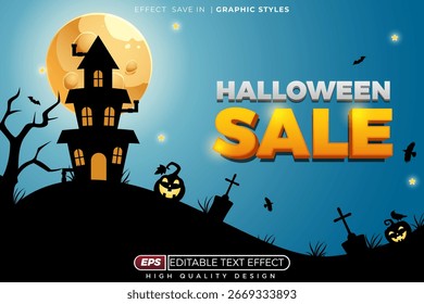 Editable 3d text effect halloween sale with spooky house and pumpkin jack o lantern for banner design
