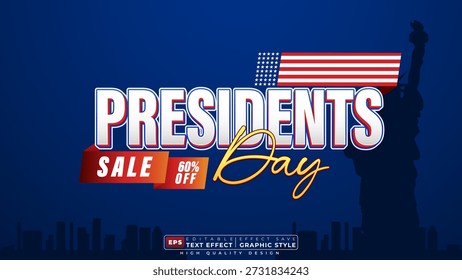 Efecto de texto 3D editable presidentes día de venta para Anuncio y Plantilla de póster