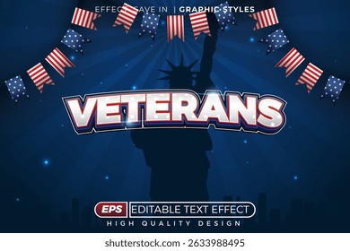 Efeito de texto 3d editável Veteranos Dia. fundo azul américa