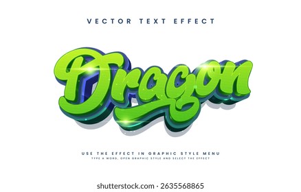 Efeito de texto vetorial 3D editável mostrando um 'Dragão' estilizado em verde e azul vibrantes.