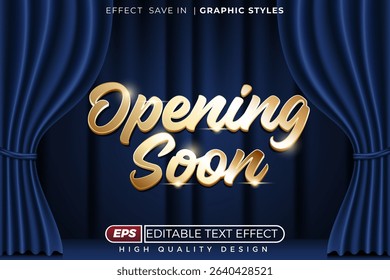 Editable 3d vector text effect opening soon with blue curtain