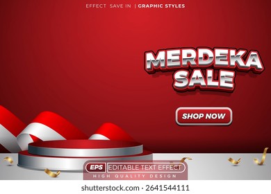 Editable 3d vector text effect merdeka sale with shop button for website