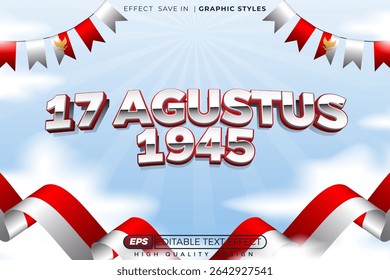 Efeito de texto vetorial 3d editável 17 agustus para o dia da independência da indonésia