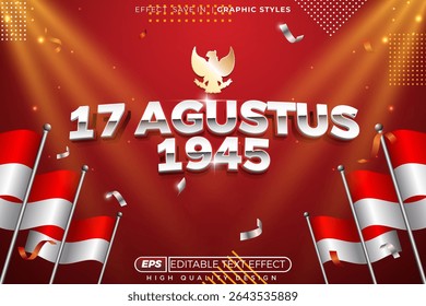 Efeito de texto vetorial 3d editável 17 agustus para banner indonesia dia da independência