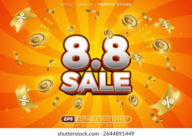 Editable 3d vector text effect 8.8 sale for august banner promotion. with yellow background voucher and coin