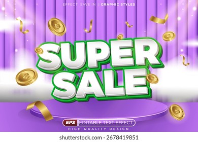 Editable 3d vector text effect super sale with purple background for promotion store poster design