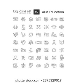 Editable 49 big icons set representing artificial intelligence in education, black outline vector.