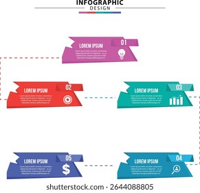 editable 5 step ribbon infographic, with icons in zigzag layout. perfect for business workflow, timeline, report, marketing, and presentation. flat vector, clean and easy to edit.