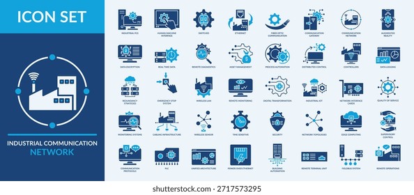 Editierbare 50 Icons für industrielle Kommunikationsnetze für Web und Mobile. Set von industriellen Kommunikationsnetzwerk enthalten Icons flachen blauen Feldbus-System, Gebäudeautomation, Kommunikationsnetzwerk, Mensch-Maschine-Schnittstelle und mehr.
