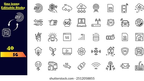 Bearbeitbarer 5G-Vektorsymbolsatz. Es enthält eine Sammlung von Strichsymbolen mit 5G-Netzwerken, Signalen, Towers, Bandbreite, Routern, Konnektivität und mehr.