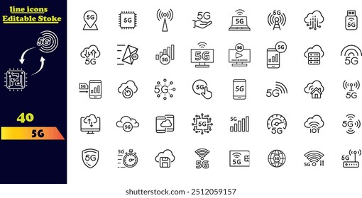 Bearbeitbarer 5G-Vektorsymbolsatz. Es enthält eine Sammlung von Strichsymbolen mit 5G-Netzwerken, Signalen, Towers, Bandbreite, Routern, Konnektivität und mehr.