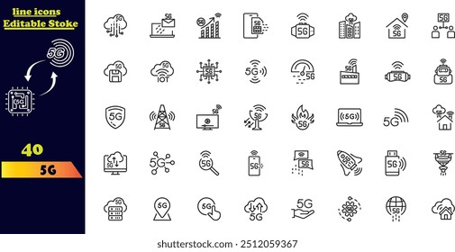 Bearbeitbarer 5G-Vektorsymbolsatz. Es enthält eine Sammlung von Strichsymbolen mit 5G-Netzwerken, Signalen, Towers, Bandbreite, Routern, Konnektivität und mehr.