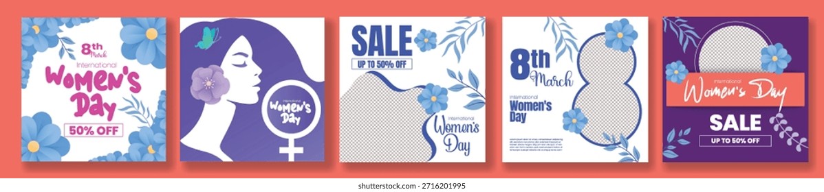 Editable 8 March Women’s Day social media posts banner template pack square flyer poster design web banners floral vector illustration backgrounds female face silhouette collection