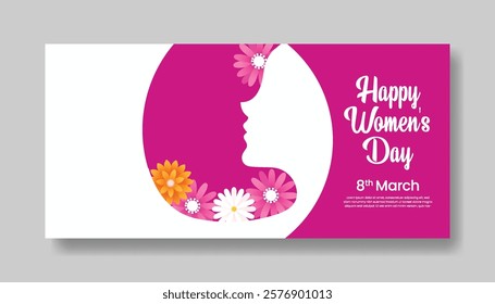 Editable 8 march Women's Day sale banner with realistic floral flower illustration women face silhouette suitable for happy mothers day banner spring greeting card template