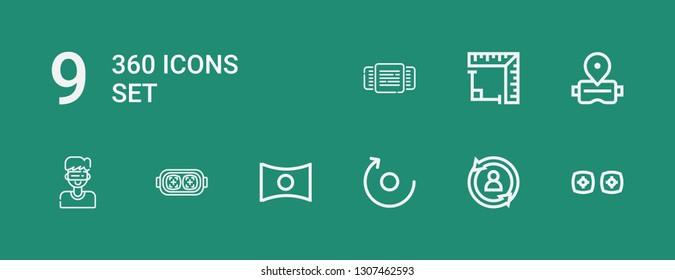 Editable 9 360 icons for web and mobile. Set of 360 included icons line Vr, Rotate, Panorama, Augmented reality, Virtual reality, Angle, Rotating on green background