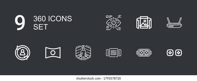 Editable 9 360 iconos para web y móvil. Conjunto de 360 iconos incluidos línea Vr, realidad aumentada, Rotación, realidad virtual, Panorama, Rotar, vista panorámica, Eye tap en fondo oscuro
