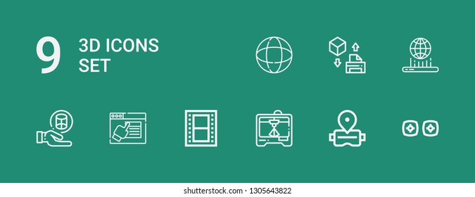 Editable 9 3d icons for web and mobile. Set of 3d included icons line Vr, Virtual reality, d printers, Film, Design, Cylinder, Hologram, d cube, Earth grid on green background