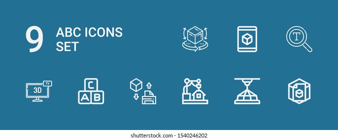 Editable 9 abc icons for web and mobile. Set of abc included icons line d, d cube, Abc, Font on blue background
