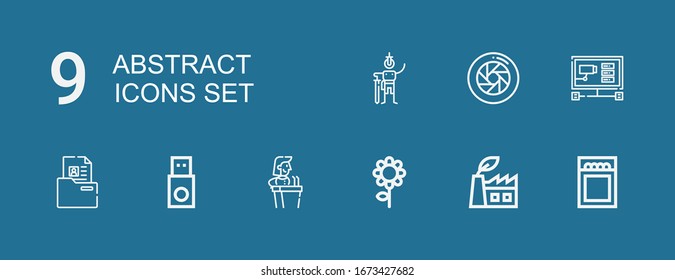 Editable 9 abstract icons for web and mobile. Set of abstract included icons line Match, Green power, Flower, Speech, Usb, Folder, Cctv, Shutter, Swallow on blue background