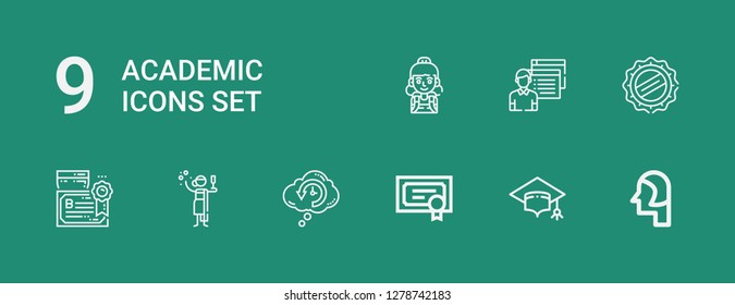 Editable 9 academic icons for web and mobile. Set of academic included icons line Student, Mortarboard, Diploma, Retrocognition, Toga, Cap on green background
