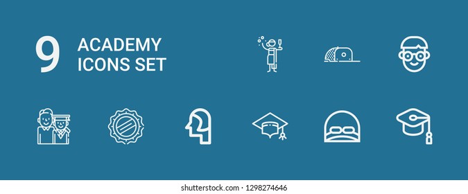 Editable 9 academy icons for web and mobile. Set of academy included icons line Mortarboard, Cap, Student, Graduation, Toga on blue background