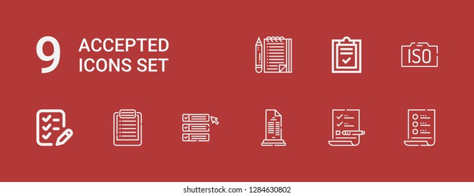 Editable 9 accepted icons for web and mobile. Set of accepted included icons line List, Iso on red background