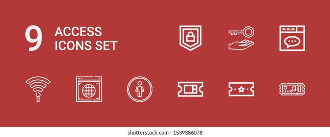 Editable 9 access icons for web and mobile. Set of access included icons line Tickets, Ticket, Restroom, Internet, Hotspot, Website, Key, Security on red background
