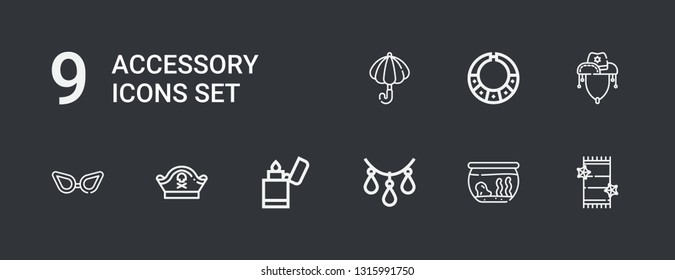Editable 9 accessory icons for web and mobile. Set of accessory included icons line Towel, Fishbowl, Necklace, Lighter, Pirate hat, Glasses, Cowboy hat, Umbrella on dark background