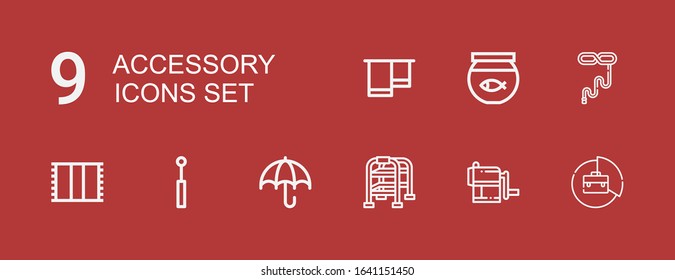 Editable 9 accessory icons for web and mobile. Set of accessory included icons line Briefcase, Sharpener, Walking stick, Umbrella, Mirror, Towel, Tie, Fish bowl on red background