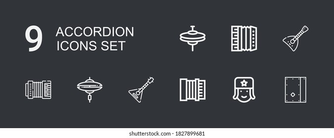 Editable 9 accordion icons for web and mobile. Set of accordion included icons line Cajon, Russian, Accordion, Balalaika, Cymbal, Cymbals on dark background