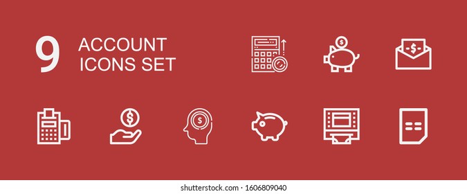 Editable 9 account icons for web and mobile. Set of account included icons line Bill, Atm, Piggy bank, Earnings, Dollar, Payment, Budget on red background