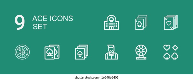 Editable 9 ace icons for web and mobile. Set of ace included icons line Poker, Roulette, Croupier, Playing cards, Casino on green background