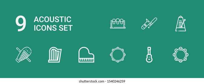 Editable 9 acoustic icons for web and mobile. Set of acoustic included icons line Tambourine, Acoustic guitar, Piano, Harp, Guiro, Metronome, Trombone, Drums on green background