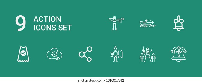Editable 9 action icons for web and mobile. Set of action included icons line Bell, Paintball, Surfing, Share, Sync, Superhero, Snowmobile on green background