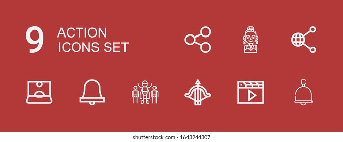 Editable 9 action icons for web and mobile. Set of action included icons line Bell, Clapper, Crossbow, Superhero, Influencer, Share, Actress on red background