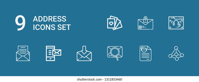 Editable 9 address icons for web and mobile. Set of address included icons line Contact, CV, Email, Mail, Browser, Cards on blue background