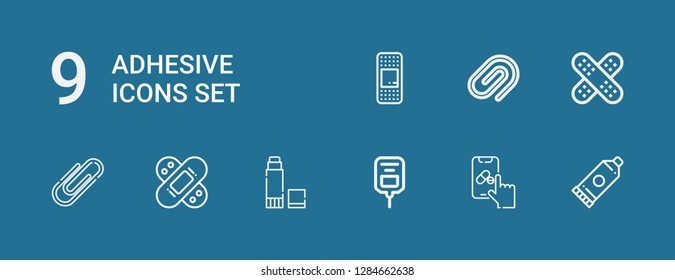 Editable 9 adhesive icons for web and mobile. Set of adhesive included icons line Glue, Pharmacy, Saline, Bandage, Paper clip, Plaster on blue background