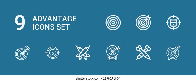 Editable 9 advantage icons for web and mobile. Set of advantage included icons line Target, Darts, Dartboard on blue background