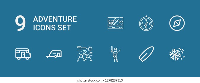 Editable 9 adventure icons for web and mobile. Set of adventure included icons line Desert, Surfboard, Pirate, Mountain, Caravan, Adventure, Compass, Savannah on blue background