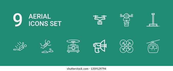 Editable 9 aerial icons for web and mobile. Set of aerial included icons line Cableway, Drone, Parabolic, Skydiving, Pole dance on green background