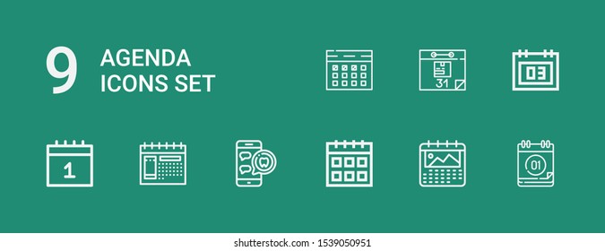 Editable 9 agenda icons for web and mobile. Set of agenda included icons line Calendar, Medical appointment on green background